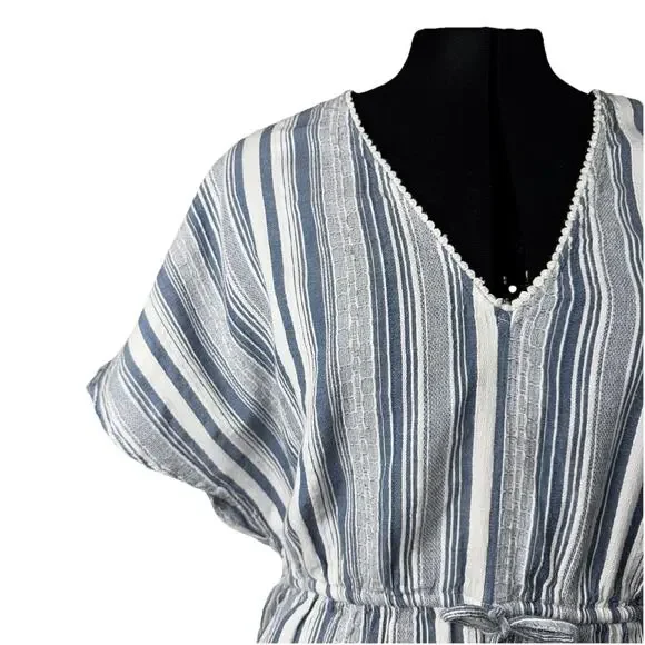 Goa Beachwear Japna MED Beach Swim Cover Boho Dress Tassels Blue Stripe V Neck - Picture 4 of 6